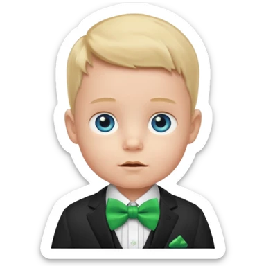 baby boy blue eyes, in suit, with green bow sticker