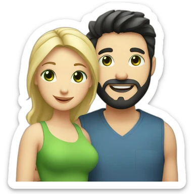 A happy couple, blond chubby girl with blue eyes and black haired and bearded man with green eyes sticker