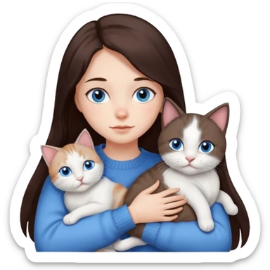 a girl with long dark 
brown hair, with blue eyes, in a
white sweater, hugs 3 different natural coloured cats sticker