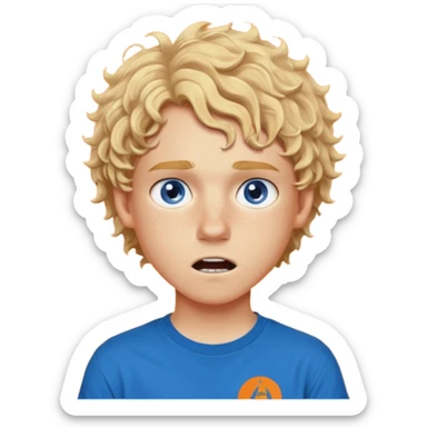 teenage boy with curly blond hair and blue eyes with freckles wearing an orange “Camp Halfblood” tshirt with the official percy jackson camp halfblood logo on it have hime doing a shocked face sticker