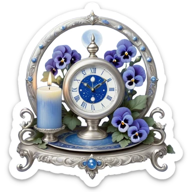 An enchanting, mystical setting where blue pansies, tinged with streaks of light blue, bloom beneath a radiant silver crescent moon. A pearl-colored candle stands on an ornate silver plate, its wax melting into swirling patterns resembling planetary orbits. The background features an astrological clock, its delicate hands tracing cosmic cycles as faint zodiac constellations shimmer against a twilight sky. Floating celestial charts inscribed with ancient symbols weave through the air, illuminated by the soft blue glow of distant stars. A mystical aura surrounds the scene, as if whispering secrets of destiny and the universe’s grand design. sticker