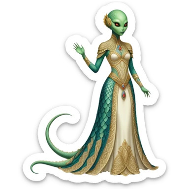 a Reptilian alien woman full body in Romanov dress sticker