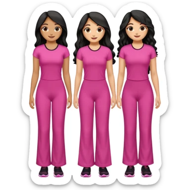 3 olive skin tone best friends. First one wearing pink gym attire modest with long black hair wavy. Second one wearing a pink fitted long maxi dress with curves long black hair and the last one wearing pink casual clothes with brown mid length hair similing looking glammed up  sticker