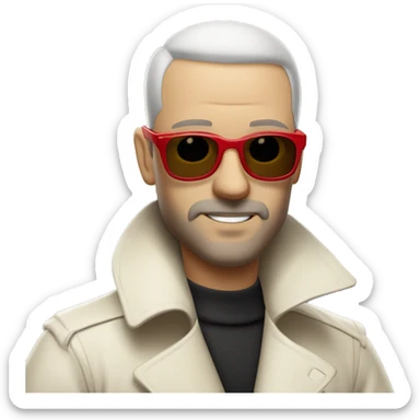 <excerpt>
A 1930s white man with real buzz cut Black hair, beard stubble donning small red tinted sun glasses in a dirty white trench coat, is serious.
</excerpt> sticker