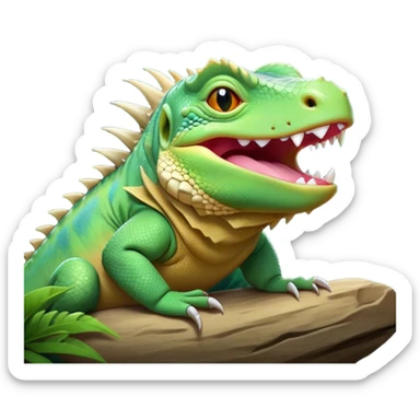 Cinematic Cute Yawning Iguana Portrait Emoji, Head tilted slightly with a dramatic, wide-open yawn, showcasing a sturdy, scaled body with a softly drooping spiky crest and sleepy, half-closed eyes, Simplified yet irresistibly adorable features, highly detailed, glowing with a soft, cozy jungle glow, high shine, relaxed yet expressive, stylized with a dash of whimsical charm, soft glowing outline, capturing the essence of a drowsy yet affectionate iguana that appears ready to stretch out for a nap! sticker