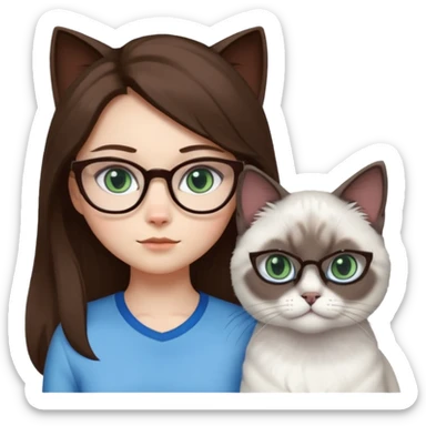 O fata cu parul saten lung ,ochii gri-albastrii ,ochelari și codițe de pisica ..și langa o pisicuță total  alba pufoasa ,cu ochii verzi și o a doua pisica siameza pufoasa cu capul maro inchis-negru și coada ,restul corpului un maro deschis spre alb  cu ochii albaștrii. sticker
