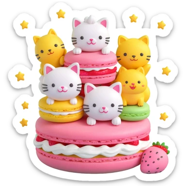 Recreate the exact image of a pink macaron with a strawberry and cream on top, filled with three cute animal faces (a white dog, a yellow chick, and a gray cat), surrounded by small yellow stars. Keep the composition and characters identical, but render in 3D iOS emoji style. sticker