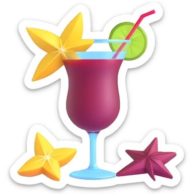 3D emoji style cocktail glass with burgundy drink and a starfruit slice sticker