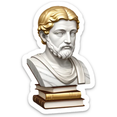 An icon featuring a classical bust, a book of philosophy, symbolizing the study of philosophy. The design includes an abstract symbol of thought and reasoning, representing deep intellectual inquiry and exploration of ideas. Transparent background sticker