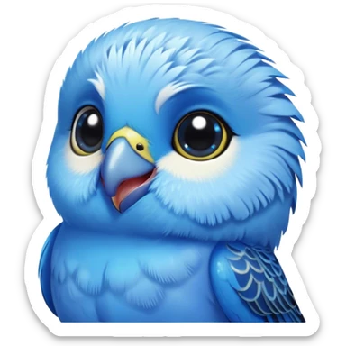 Cinematic Cute Blue Budgie Portrait Emoji, Head tilted playfully and inquisitively, featuring a brilliant blue feathered fur with a natural sheen, round, sparkling dark eyes filled with curiosity, Simplified yet irresistibly adorable features, highly detailed, glowing with a warm, friendly glow, high shine, affectionate and lively, stylized with a touch of whimsy, bright and endearing, soft glowing outline, capturing the essence of a mischievous yet loving budgie, so playful it feels like it could chirp out of the screen and into your arms! sticker