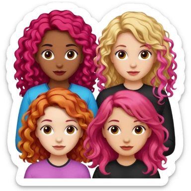 5 girlsone curly redhead, one with brunette dyed blonde hair, one long haired wavy brunette, one mid-length haired brunette, and one black haired girl with partially dyed bright red/pink hair sticker