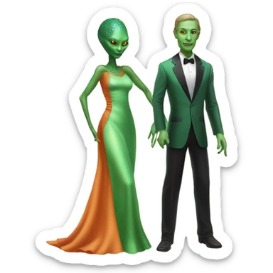 alien reptilian green skin woman, long slim pastel orange formal party satin dress with gradient shiny sparkling dark red, and caucasian man in black dres on his knees asks her to marry her sticker