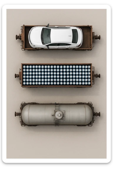 Вид строго сверху (top-down). Реалистичный грузовой поезд из трёх вагонов.
Вагон 1: внутри одна большая белая машина Chevrolet (без логотипов и без каких-либо надписей).
Вагон 2: много одинаковых банок синего цвета, похожих на напиток Pepsi, уложенных плотными рядами, но без логотипов и надписей.
Вагон 3: железнодорожная цистерна для газа, полностью реалистичная, без надписей, без маркировки, без символов.
Ничего не обрезано, весь поезд полностью помещается в кадр сверху. Чистый нейтральный фон, без окружения. Максимальная реалистичность, ровный свет. sticker