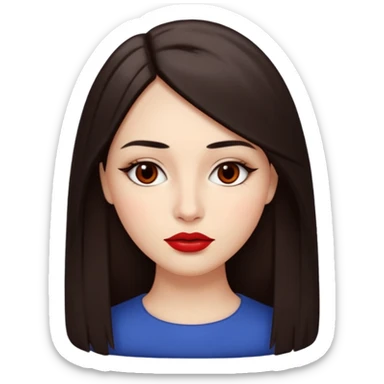 A woman emoji with fair skin, long straight dark brown hair parted in the middle, an oval-shaped face, arched dark eyebrows, almond-shaped brown eyes, a small nose, and full lips colored with red lipstick. sticker