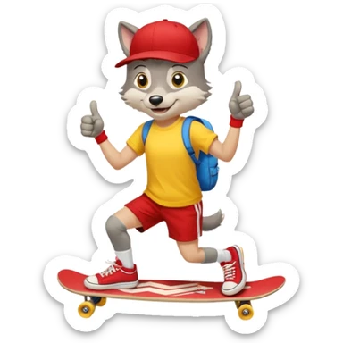 A gray wolf with large, expressive eyes and a friendly smile. The gray wolf is wearing a bright yellow T-shirt, red shorts, white knee socks, and sneakers. The baseball cap is worn backwards. The wolf holds a skateboard in one hand and gives a thumbs-up with the other, a confident and cheerful pose. sticker