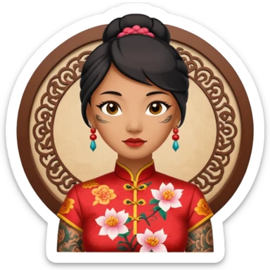 ancient woman with tatooed and cheongsam, NO pierce sticker
