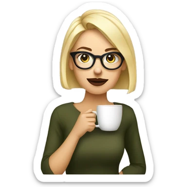 Blonde short haired women with round glasses and a septum piercing drinking coffee sticker