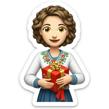 A female teacher in Ukrainian embroidery holds a gift in her hand sticker