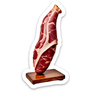​Cinematic Realistic Spanish Jamón Leg, depicted as a massive, cured leg of Jamón serrano with a deep reddish-brown hue, intricately marbled and slightly glossy with age, elegantly displayed on a rustic wooden stand and bathed in warm, soft lighting that accentuates its artisanal heritage, sticker
