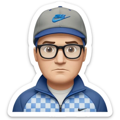 50-year-old heavyset man with very wide face and prominent square jawline. Short straight hair combed to the side, not balding, wearing a black Nike cap. Large dark square glasses. Serious-relaxed expression. Light gray jacket that fits his larger frame, white shirt with blue checkered pattern. sticker