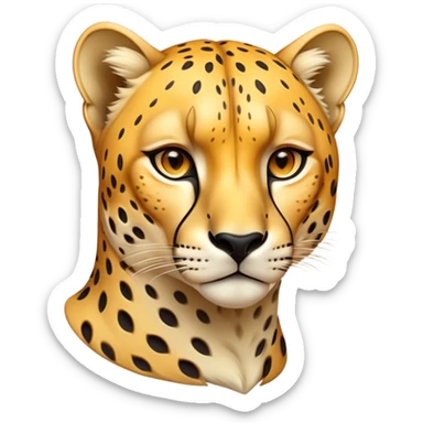 Cinematic Noble Cheetah Portrait Emoji, Poised and regal, with a lean, muscular build and a sleek, spotted Fur of golden hues, deep-set soulful amber eyes, Simplified yet sharp and sophisticated features, highly detailed, glowing with a warm, dignified glow, high shine, intelligent and swift, stylized with an air of wild elegance, focused and attentive, soft glowing outline, capturing the essence of a watchful and confident predator, so majestic it feels as though it could sprint out of the screen with effortless authority! sticker