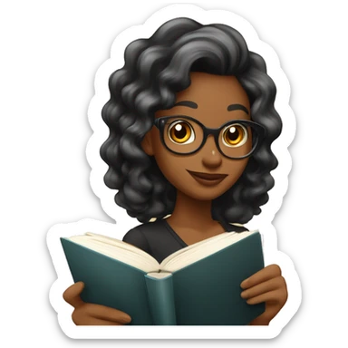 Chica piel clara de cabello ondulado color negro estudiando con un libro con cara de estresada  sticker