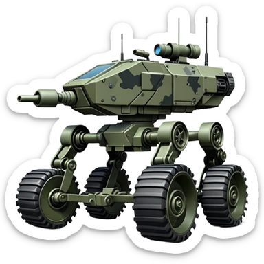 unstoppable American 8-wheel armored personnel stealth camouflage army massive mech trail vehicle shooting forward side-hill leaning actively robotically articulating hydraulic independent suspended pod gimbal enemy mech off-road racing rover with large fast engine RC basher crawler megatron  sticker