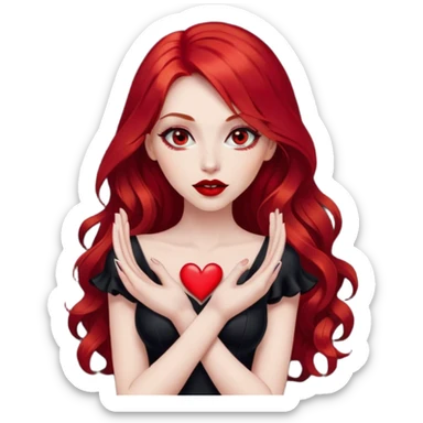 a pretty woman with long red hair and red eyes. The woman wear a black little cutted dress. She have red lipstick and she have a seductive look. She do a heart sign with hand sticker