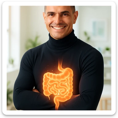 Create a semi-realistic, wellness-themed image of a healthy and fit 30-year-old man inspired by the reference image. Show a glowing stylized visualization of a healthy intestine over his abdominal area. The gut should appear vibrant, clean, well-shaped, and semi-transparent to reveal a clean digestive tract. The man smiles confidently, radiating energy and balance. The background is a bright minimalistic health clinic with soft natural lighting, conveying a positive and vibrant atmosphere. sticker