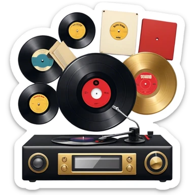 Icon for Vinyl Record Collecting: large black, golden and red vinyl records in decorative packaging featuring artist images, neatly arranged on a wall or shelf, modern vinyl record player. The icon should reflect the aesthetic and artistic aspect of collecting vinyl records. Transparent background. sticker