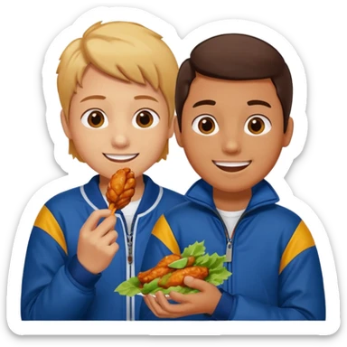 Human eating a chicken wing while watching hockey wearing a jacket with his friend smiling beside him. sticker