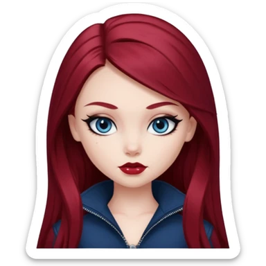 pale skin, girly bratz baddie, beautiful dark blue eyes, sharp black eyeliner, long dark red hair sticker