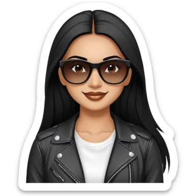 beautiful fit woman, with long straight black hair, with make up, black eye liner, smile mooth close, mexican, brown skin, wearing white tee, wearing leather black jacket, solar black wayfarer rayban sticker