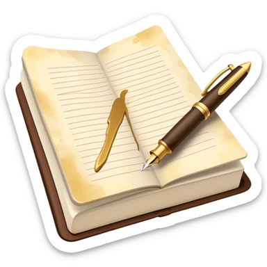 Create a vibrant emoji representing prose writing. The design should include a classic fountain pen or quill, an open notebook or a typewriter, with flowing text emerging from it. Use warm, earthy tones like brown, gold, and cream, along with subtle ink splatters to add a creative and artistic touch. The emoji should convey the idea of storytelling, creativity, and literary elegance. Make the background transparent. sticker