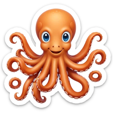Cinematic Cute smiling Octopus Portrait Emoji, Head tilted playfully and inquisitively, featuring a rounded, light orange body embellished with playful blue rings, eight adorably curling arms, and big, twinkling eyes full of wonder, Simplified yet irresistibly adorable features, highly detailed, glowing with a warm, inviting underwater glow, high shine, affectionate and lively, stylized with a touch of whimsical cartoon charm, soft glowing outline, capturing the essence of a mischievous yet loving octopus that seems as if it could bob out of the screen into your arms! sticker