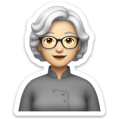 Chinese lady, senior lady with very light gray hair wearing glasses hair to the shoulder lens where Chinese clothes sticker