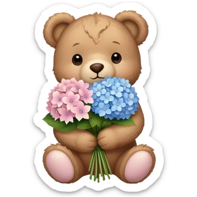 light brown teddy bear super cute holding a light pink and light blue bouquet of hydrangeas sticker