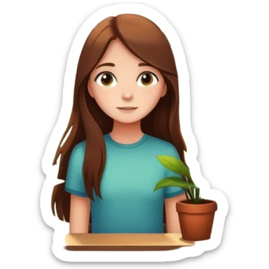 Girl with long brown hair looking out a window with sunbeams and houseplants around her in the background cartoon style  sticker