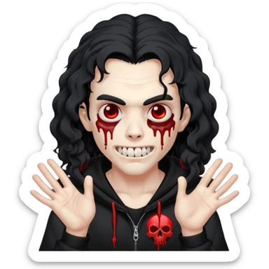 Vampire wearing a black hoodie with a skull logo on it, long curly hair that covers the forehead, fanged teeth and blood on hands sticker