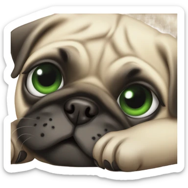 Cute Baby pug with big green eyes happy  lying down  sticker
