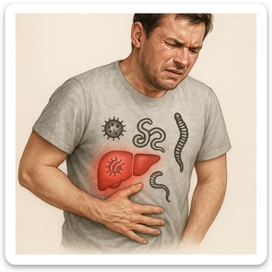 realistic medical illustration of a man with a painful expression, holding his side where the liver is located, with stylized symbols or drawings of parasites near the liver area, educational and respectful tone, Italian label sticker