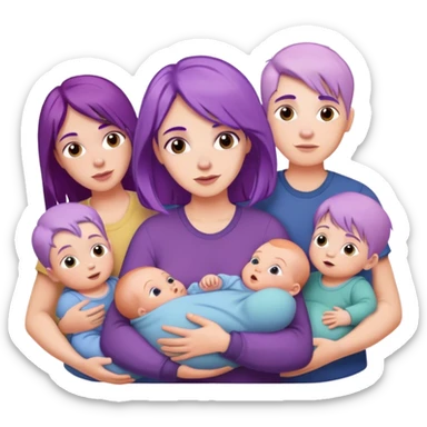 White woman with purple hair holding a baby with other white kids around her sticker