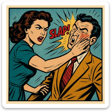 a comic-inspired panel of a woman slapping a man, featuring energetic movement and classic comic shading sticker