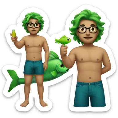 Shirtless man with bottom half of body a green fish tail. He is wearing glasses sticker