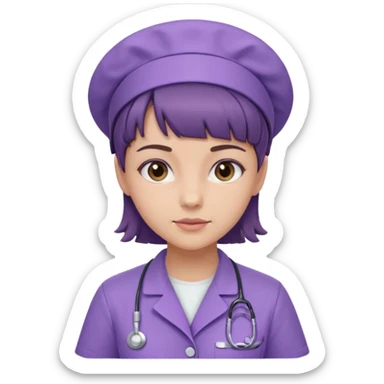 A young female slim nurse with short Brown hair with fringe over her forehead, wearing larvendar purple working cloth sticker