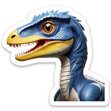 Cinematic Noble Velociraptor Portrait Emoji, Poised and agile, with a slender, streamlined build, sharp, cunning eyes, and a sleek snout hinting at predatory precision, Simplified yet sharply defined features, highly detailed, glowing with a cool, dynamic radiance, high shine, intelligent and swift, stylized with an air of agile prehistoric grace, focused and alert, soft glowing outline, capturing the essence of a watchful and confident Velociraptor that appears ready to dash out of the screen with effortless speed! sticker