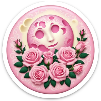 A round pink button with a light cream full damask moon and pink roses in the center sticker