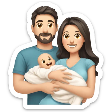 Happy white parents with dark hair with 1 newborn baby. 3 people total. Young parents and newborn son in hands. Mother, father holding infant together with love. Parenthood concept. Flat illustration isolated on white background. sticker