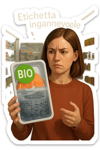 Scena in un supermercato moderno: uomo o donna tiene in mano una confezione di salmone etichettata 'BIO', con un grande bollino verde. Ma in trasparenza, dietro l’etichetta, si intravede un allevamento intensivo di salmoni in gabbie marine, acqua torbida e pesci ammassati. Espressione del cliente confusa e sospettosa. Sopra la testa, testo simbolico fluttuante: 'Etichetta ingannevole'. Colori contrastanti: confezione brillante ma realtà di fondo grigia e artificiale. Stile realistico con elementi simbolici forti realistico sticker