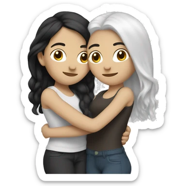 A lesbian couple with white skin and long black hair hugging intimately sticker
